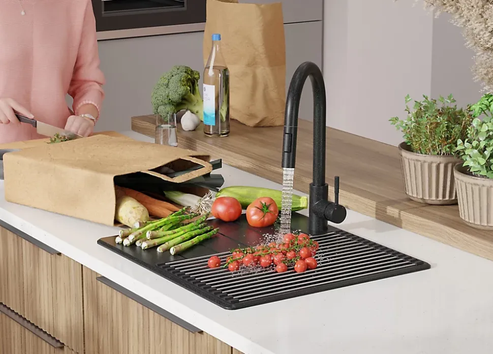 PRIMAGRAN Evier Cuisine en Granit Graphite 55x50cm, Lavabo 1 bac + Kit de Vidage + Accessoires, Évier à Encastrer au meuble 40cm