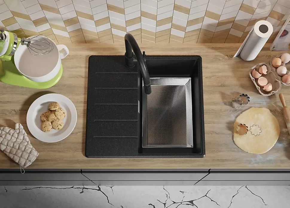 PRIMAGRAN Evier Cuisine en Granit Graphite 55x50cm, Lavabo 1 bac + Kit de Vidage + Accessoires, Évier à Encastrer au meuble 40cm