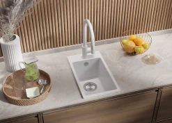PRIMAGRAN Evier Cuisine en Granit Blanc 28x50cm, Lavabo 1 bac + Kit de Vidage, Évier à Encastrer au meuble 30cm - Riga