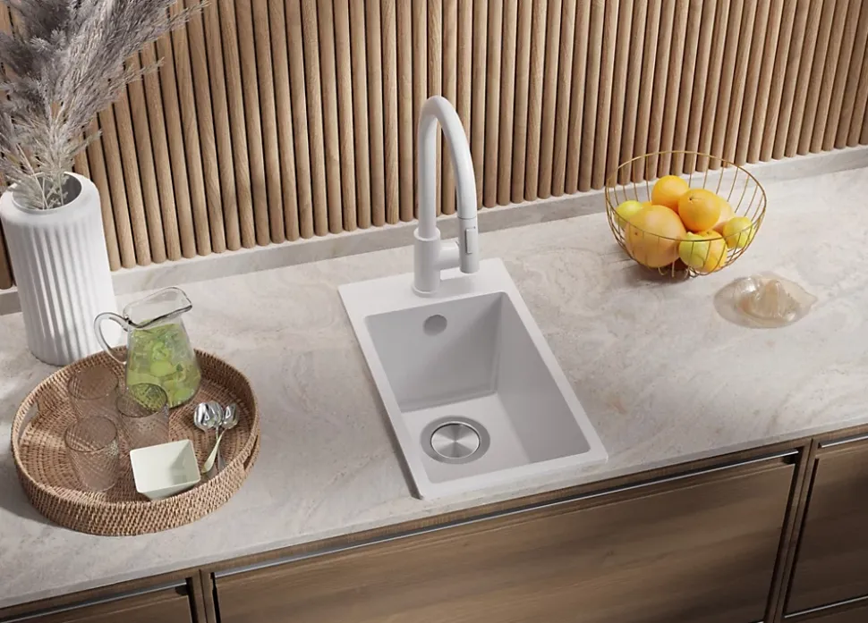 PRIMAGRAN Evier Cuisine en Granit Blanc 28x50cm, Lavabo 1 bac + Kit de Vidage, Évier à Encastrer au meuble 30cm - Riga