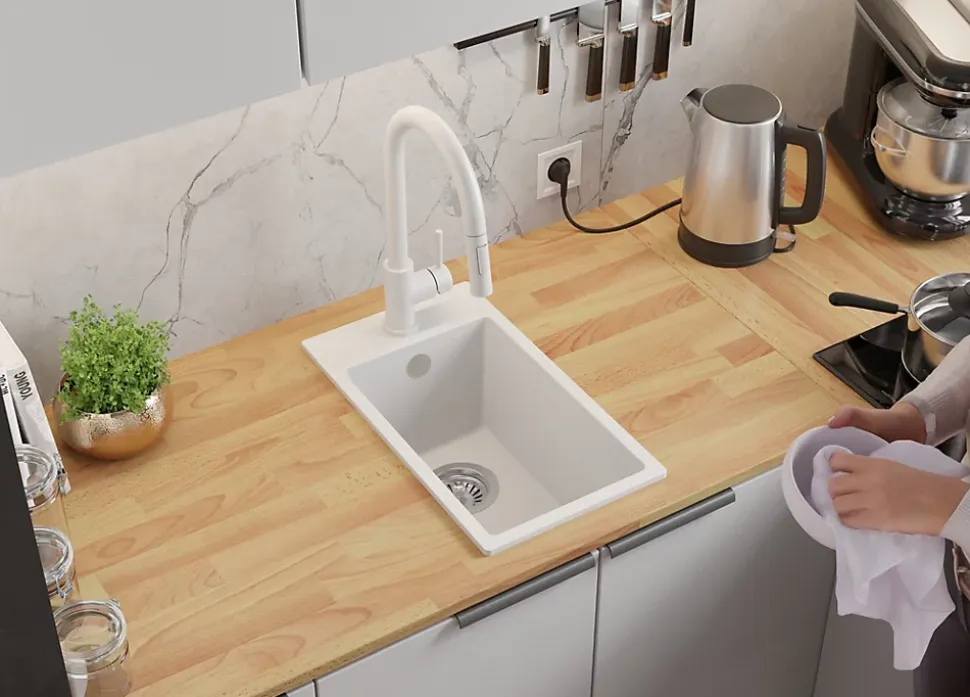 PRIMAGRAN Evier Cuisine en Granit Blanc 28x50cm, Lavabo 1 bac + Kit de Vidage, Évier à Encastrer au meuble 30cm - Riga