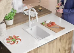 PRIMAGRAN Evier Cuisine en Granit Blanc 28x50cm, Lavabo 1 bac + Kit de Vidage, Évier à Encastrer au meuble 30cm - Riga