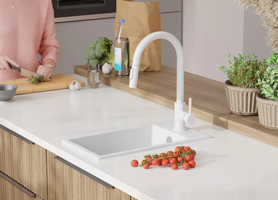 PRIMAGRAN Evier Cuisine en Granit Blanc 28x50cm, Lavabo 1 bac + Kit de Vidage, Évier à Encastrer au meuble 30cm - Riga