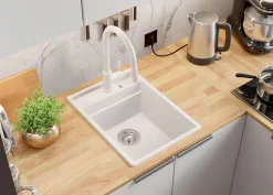 PRIMAGRAN Evier Cuisine en Granit Blanc 38x53cm, Lavabo 1 bac + Kit de Vidage + Accessoires, Évier à Encastrer au meuble 40cm