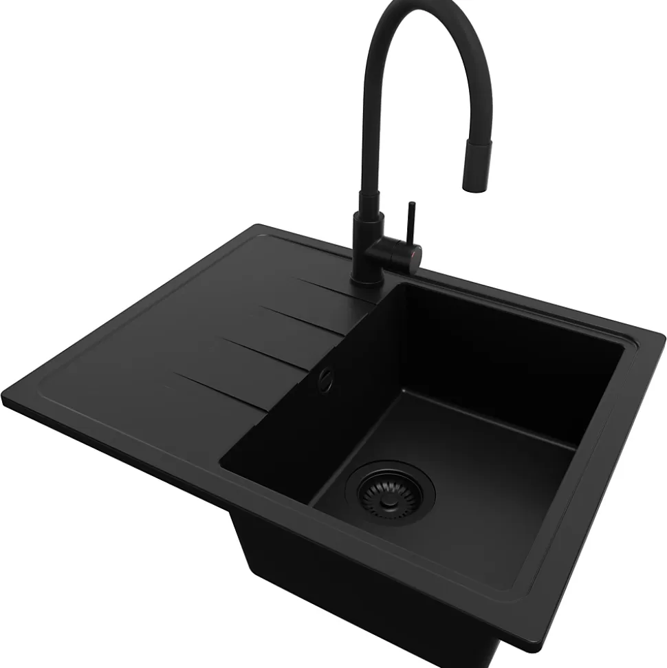 PRIMAGRAN Evier Cuisine en Granit Tout Noir 62x50cm, Lavabo 1 bac + Kit de Vidage + Accessoires, Évier à Encastrer au meuble 40cm