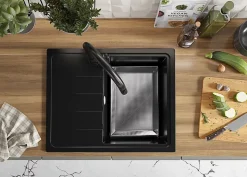 PRIMAGRAN Evier Cuisine en Granit Tout Noir 62x50cm, Lavabo 1 bac + Kit de Vidage + Accessoires, Évier à Encastrer au meuble 40cm