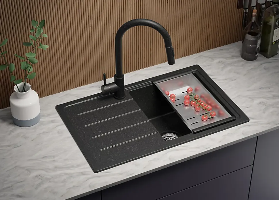 PRIMAGRAN Evier Cuisine en Granit Graphite 70x44cm, Lavabo 1 bac + Kit de Vidage + Accessoires, Évier à Encastrer au meuble 45cm