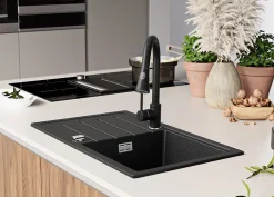 PRIMAGRAN Evier Cuisine en Granit Graphite 70x44cm, Lavabo 1 bac + Kit de Vidage + Accessoires, Évier à Encastrer au meuble 45cm