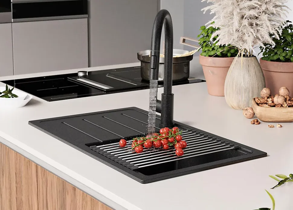 PRIMAGRAN Evier Cuisine en Granit Graphite 70x44cm, Lavabo 1 bac + Kit de Vidage + Accessoires, Évier à Encastrer au meuble 45cm