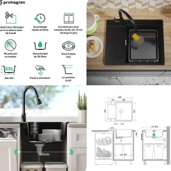 PRIMAGRAN Evier Cuisine en Granit Noir Métallisé 62x50cm, Lavabo 1 bac + Accessoires, Évier à Encastrer au meuble 50cm