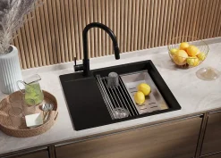 PRIMAGRAN Evier Cuisine en Granit Noir Métallisé 62x50cm, Lavabo 1 bac + Accessoires, Évier à Encastrer au meuble 50cm