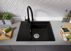 PRIMAGRAN Evier Cuisine en Granit Noir Métallisé 62x50cm, Lavabo 1 bac + Accessoires, Évier à Encastrer au meuble 50cm