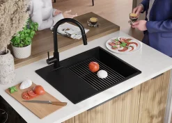 PRIMAGRAN Evier Cuisine en Granit Noir Métallisé 62x50cm, Lavabo 1 bac + Accessoires, Évier à Encastrer au meuble 50cm