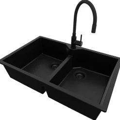 PRIMAGRAN Evier Cuisine en Granit Tout Noir 78x50cm, Lavabo 2 bacs + Accessoires, Évier à Encastrer au meuble 80cm