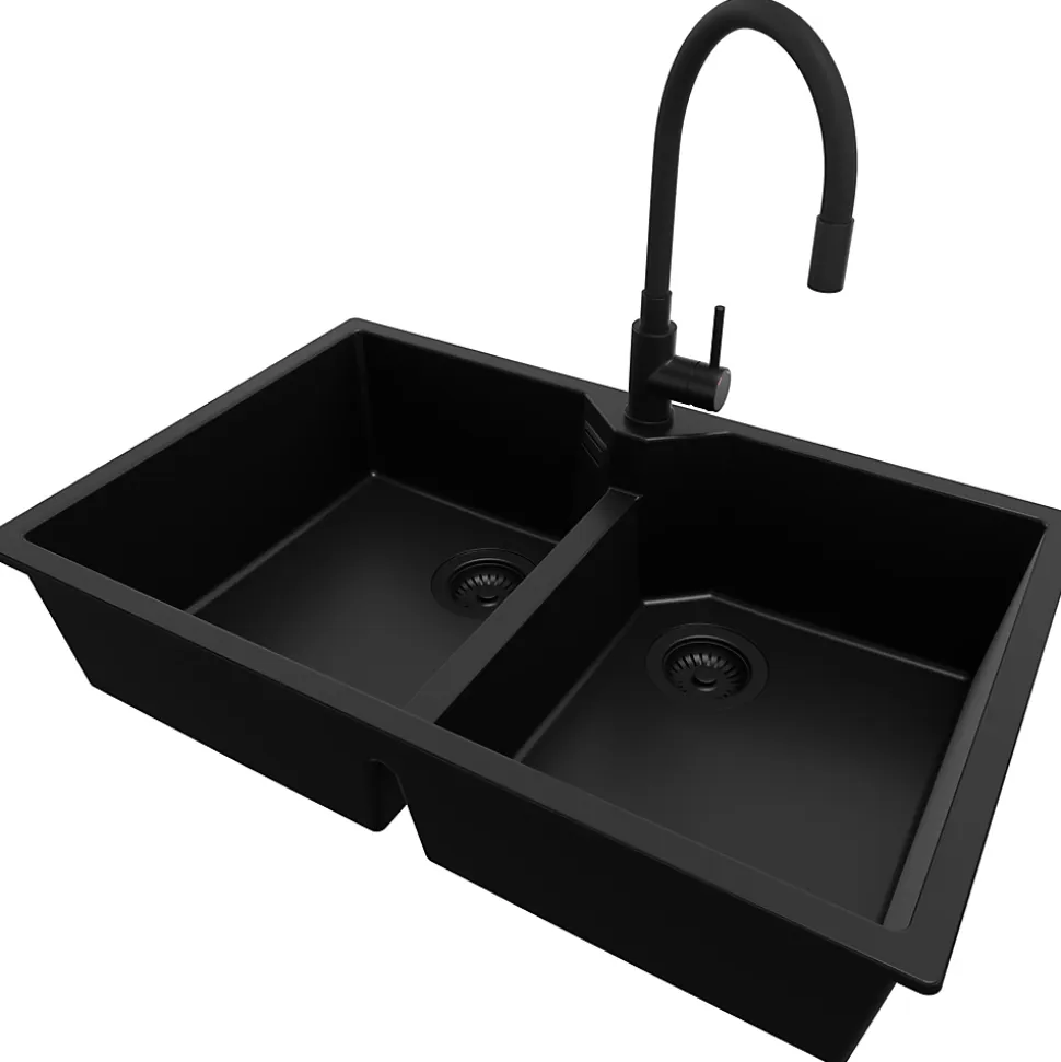 PRIMAGRAN Evier Cuisine en Granit Tout Noir 78x50cm, Lavabo 2 bacs + Accessoires, Évier à Encastrer au meuble 80cm