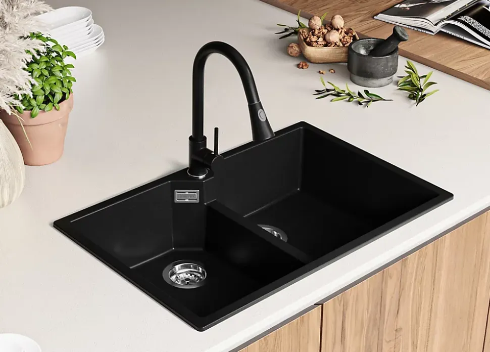PRIMAGRAN Evier Cuisine en Granit Tout Noir 78x50cm, Lavabo 2 bacs + Accessoires, Évier à Encastrer au meuble 80cm