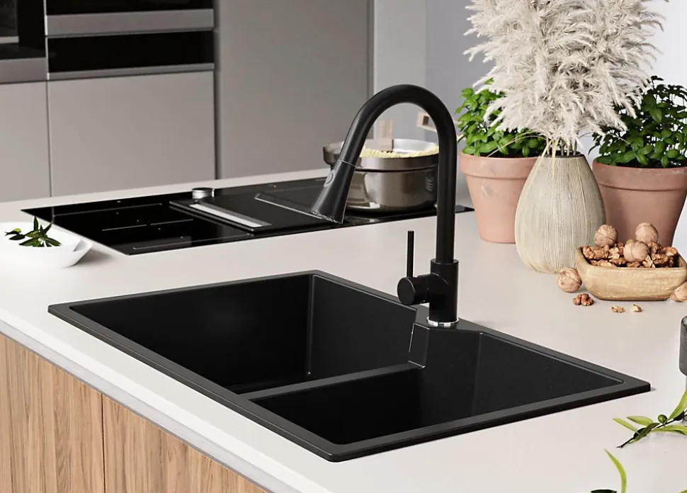 PRIMAGRAN Evier Cuisine en Granit Tout Noir 78x50cm, Lavabo 2 bacs + Accessoires, Évier à Encastrer au meuble 80cm
