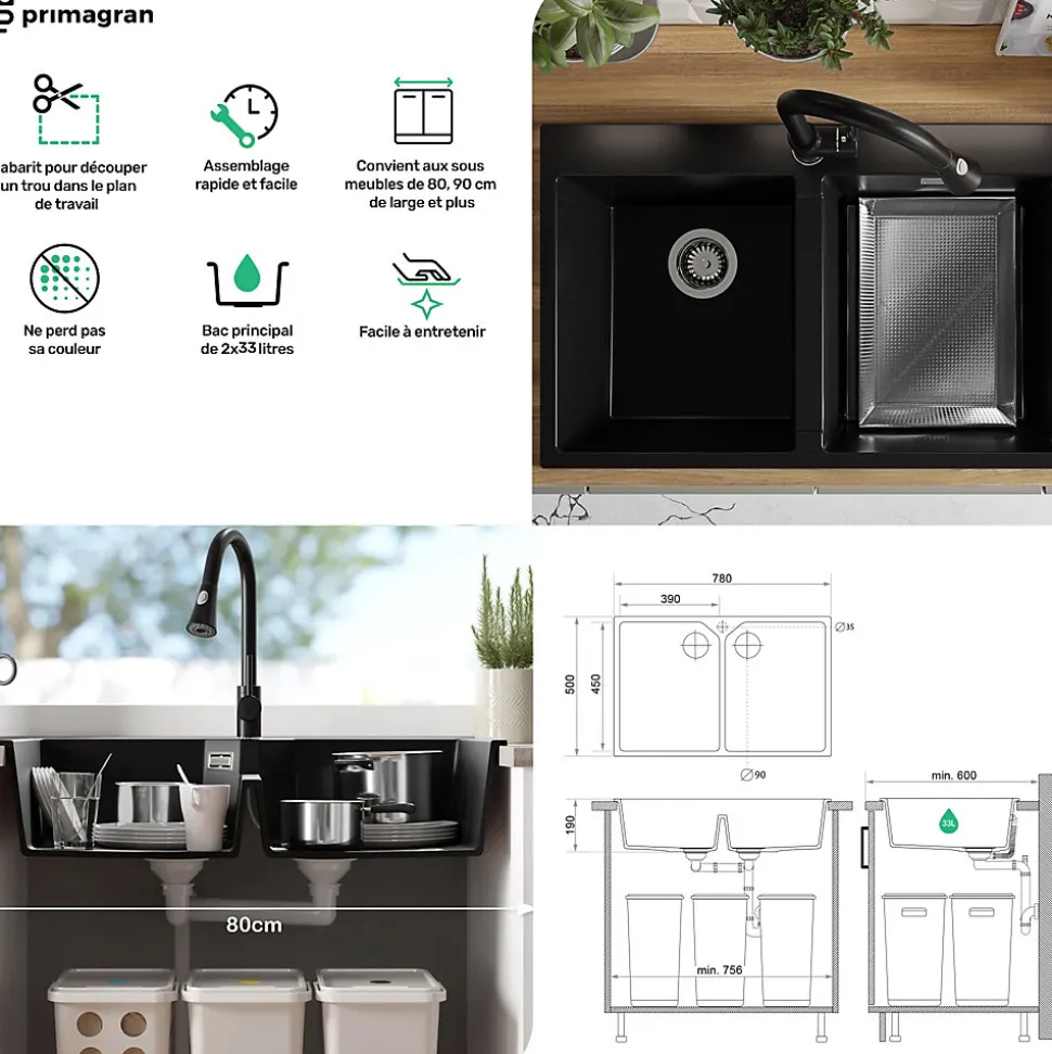 PRIMAGRAN Evier Cuisine en Granit Tout Noir 78x50cm, Lavabo 2 bacs + Accessoires, Évier à Encastrer au meuble 80cm