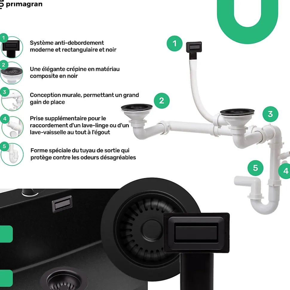 PRIMAGRAN Evier Cuisine en Granit Tout Noir 78x50cm, Lavabo 2 bacs + Accessoires, Évier à Encastrer au meuble 80cm