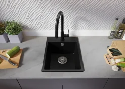 PRIMAGRAN Evier Cuisine en Granit Noir 38x50cm, Lavabo 1 bac + Kit de Vidage, Évier à Encastrer au meuble 40cm - Riga