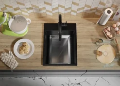 PRIMAGRAN Evier Cuisine en Granit Noir 38x50cm, Lavabo 1 bac + Kit de Vidage, Évier à Encastrer au meuble 40cm - Riga