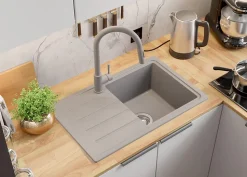 PRIMAGRAN Evier Cuisine en Granit Gris 70x44cm, Lavabo 1 bac + Kit de Vidage, Évier à Encastrer au meuble 45cm - Copenhague Easy