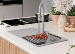PRIMAGRAN Evier Cuisine en Granit Gris 70x44cm, Lavabo 1 bac + Kit de Vidage, Évier à Encastrer au meuble 45cm - Copenhague Easy