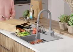 PRIMAGRAN Evier Cuisine en Granit Gris 62x53cm, Lavabo 1 bac + Kit de Vidage + Accessoires, Évier à Encastrer au meuble 45cm