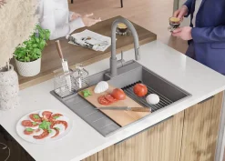 PRIMAGRAN Evier Cuisine en Granit Gris 62x53cm, Lavabo 1 bac + Kit de Vidage + Accessoires, Évier à Encastrer au meuble 45cm