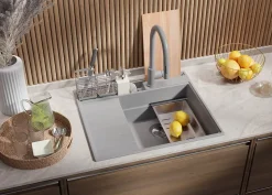 PRIMAGRAN Evier Cuisine en Granit Gris 62x53cm, Lavabo 1 bac + Kit de Vidage + Accessoires, Évier à Encastrer au meuble 45cm