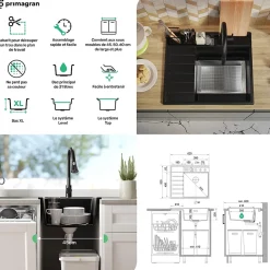 PRIMAGRAN Evier Cuisine en Granit Gris 62x53cm, Lavabo 1 bac + Kit de Vidage + Accessoires, Évier à Encastrer au meuble 45cm