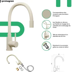 PRIMAGRAN Evier Cuisine en Granit Beige 90x50cm, Lavabo 1,5 bacs + Kit de Vidage + Accessoires, Évier à Encastrer au meuble 60cm