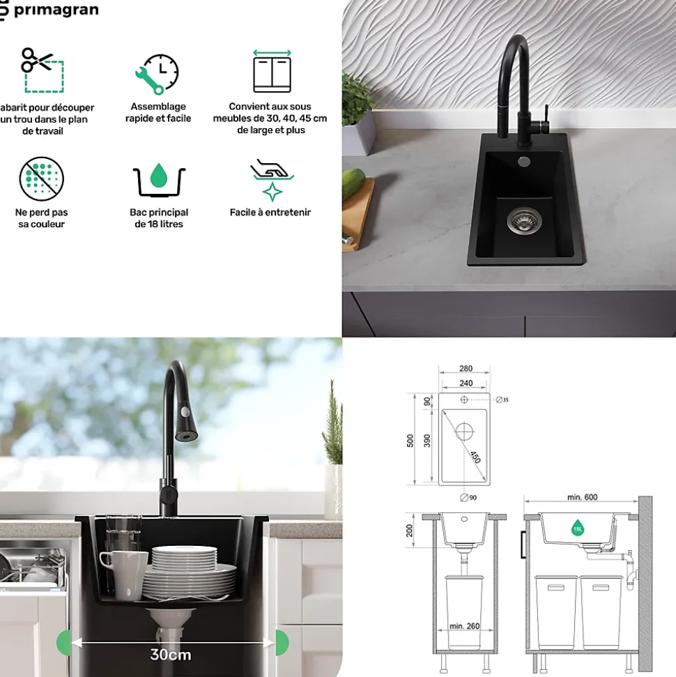 PRIMAGRAN Evier Cuisine en Granit Blanc 28x50cm, Lavabo 1 bac + Kit de Vidage, Évier à Encastrer au meuble 30cm - Riga