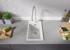 PRIMAGRAN Evier Cuisine en Granit Blanc 28x50cm, Lavabo 1 bac + Kit de Vidage, Évier à Encastrer au meuble 30cm - Riga