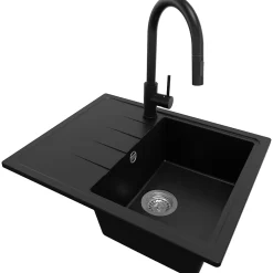 PRIMAGRAN Evier Cuisine en Granit Noir 62x50cm, Lavabo 1 bac + Kit de Vidage + Accessoires, Évier à Encastrer au meuble 40cm