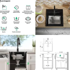 PRIMAGRAN Evier Cuisine en Granit Tout Blanc 48x50cm, Lavabo 1 bac + Kit de Vidage, Évier à Encastrer au meuble 50cm - Riga