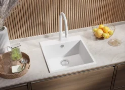 PRIMAGRAN Evier Cuisine en Granit Tout Blanc 48x50cm, Lavabo 1 bac + Kit de Vidage, Évier à Encastrer au meuble 50cm - Riga