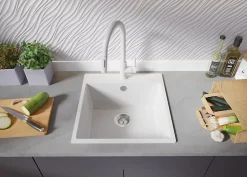 PRIMAGRAN Evier Cuisine en Granit Tout Blanc 48x50cm, Lavabo 1 bac + Kit de Vidage, Évier à Encastrer au meuble 50cm - Riga