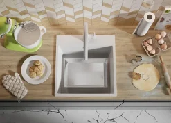 PRIMAGRAN Evier Cuisine en Granit Tout Blanc 48x50cm, Lavabo 1 bac + Kit de Vidage, Évier à Encastrer au meuble 50cm - Riga