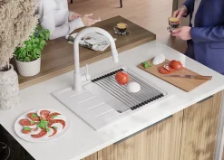 PRIMAGRAN Evier Cuisine en Granit Blanc 55x44cm, Lavabo 1 bac + Kit de Vidage + Accessoires, Évier à Encastrer au meuble 45cm