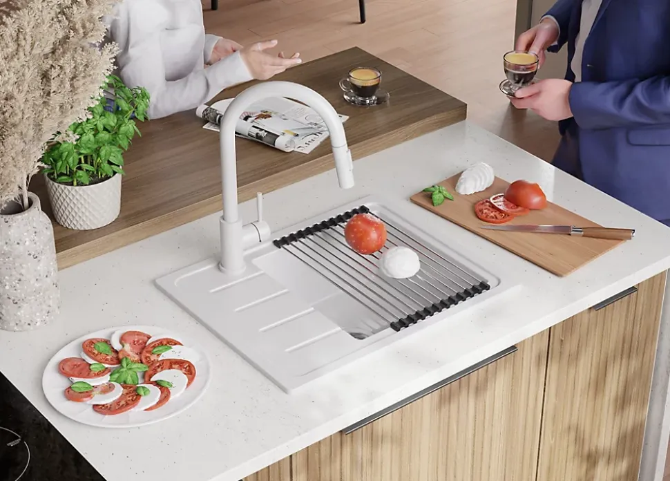 PRIMAGRAN Evier Cuisine en Granit Blanc 55x44cm, Lavabo 1 bac + Kit de Vidage + Accessoires, Évier à Encastrer au meuble 45cm