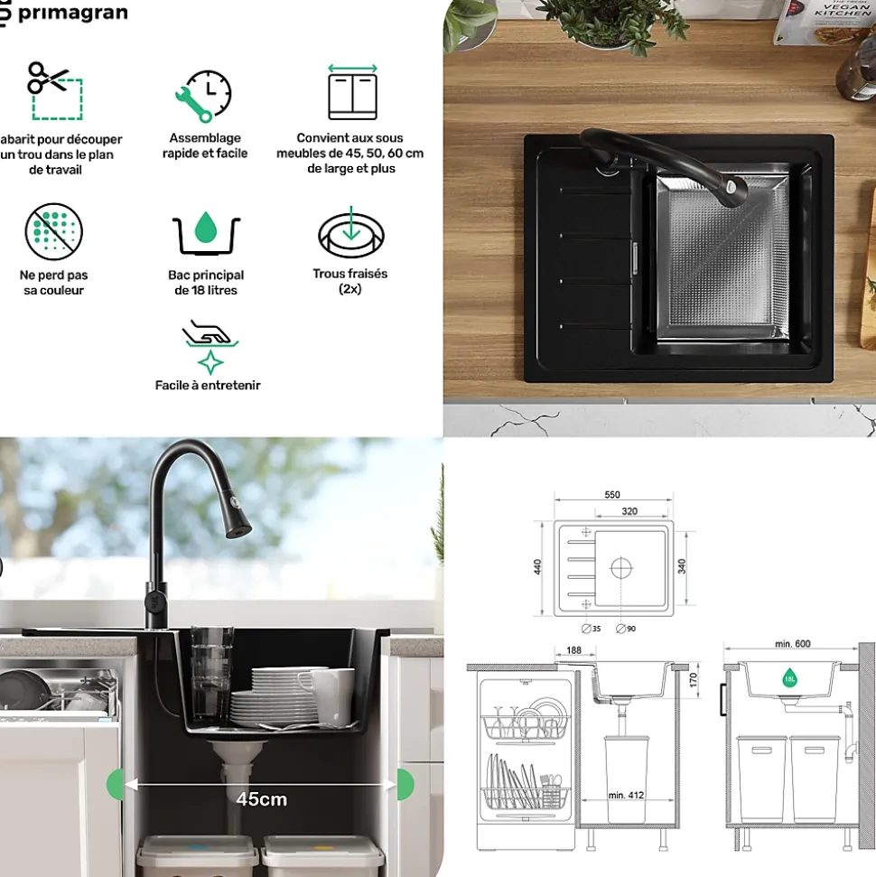 PRIMAGRAN Evier Cuisine en Granit Blanc 55x44cm, Lavabo 1 bac + Kit de Vidage + Accessoires, Évier à Encastrer au meuble 45cm