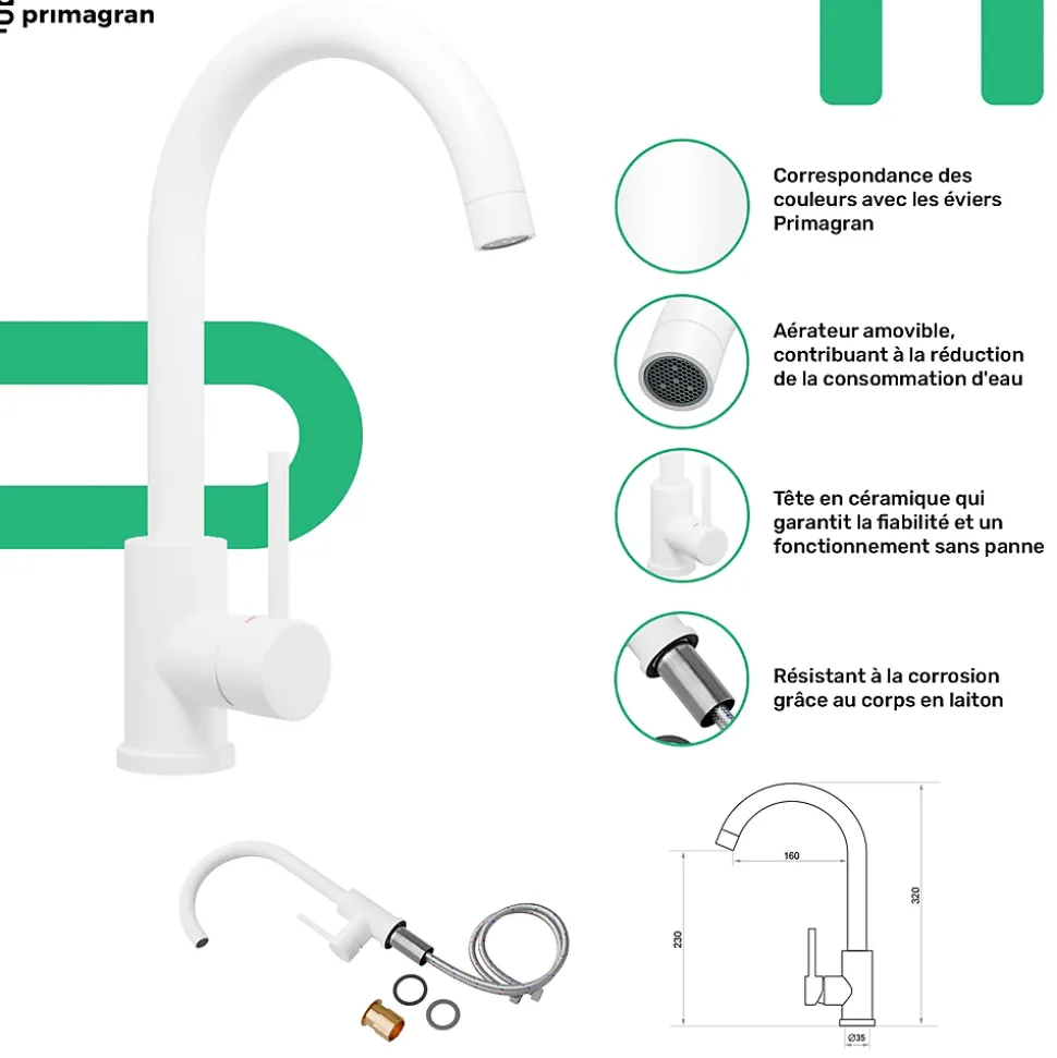 PRIMAGRAN Evier Cuisine en Granit Blanc 55x44cm, Lavabo 1 bac + Kit de Vidage + Accessoires, Évier à Encastrer au meuble 45cm