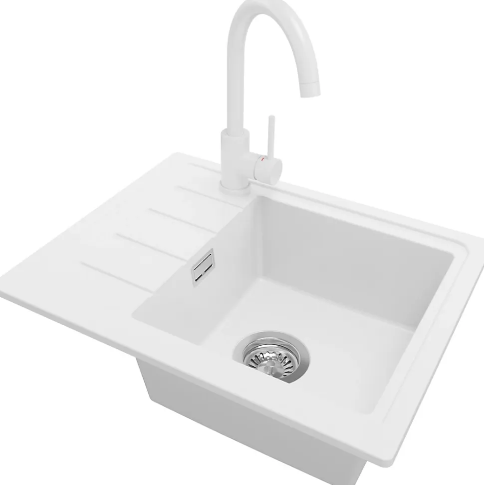 PRIMAGRAN Evier Cuisine en Granit Blanc 55x44cm, Lavabo 1 bac + Kit de Vidage + Accessoires, Évier à Encastrer au meuble 45cm