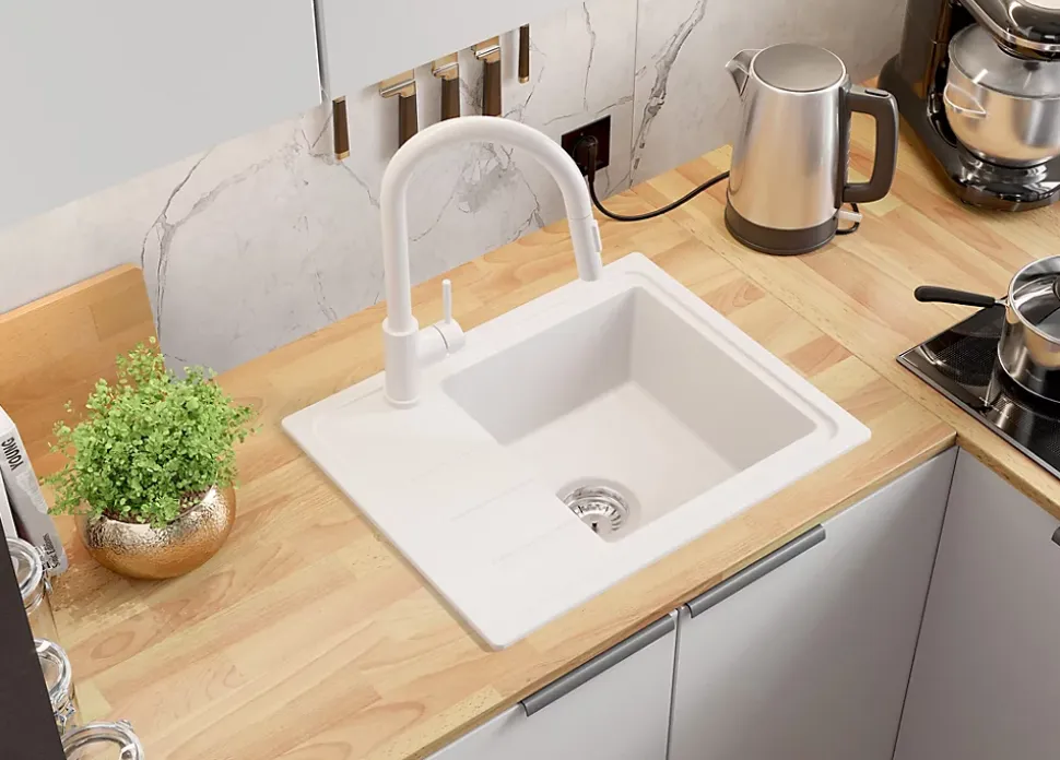 PRIMAGRAN Evier Cuisine en Granit Blanc 55x44cm, Lavabo 1 bac + Kit de Vidage + Accessoires, Évier à Encastrer au meuble 45cm