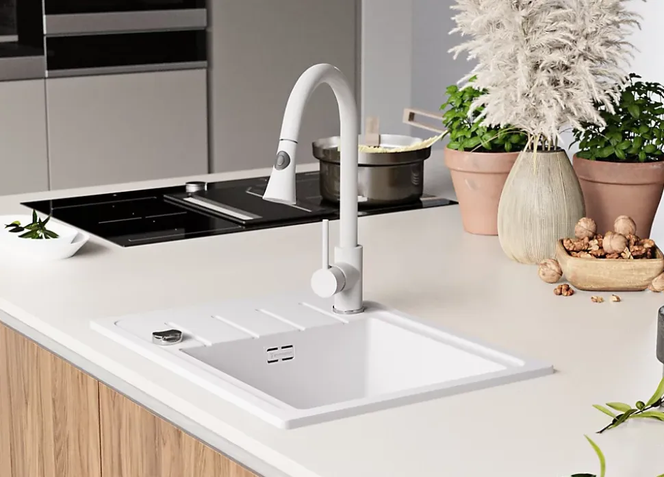 PRIMAGRAN Evier Cuisine en Granit Blanc 55x44cm, Lavabo 1 bac + Kit de Vidage + Accessoires, Évier à Encastrer au meuble 45cm