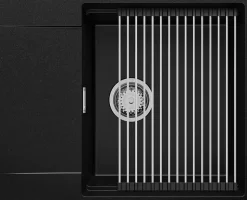 PRIMAGRAN Evier Cuisine en Granit Noir 62x50cm, Lavabo 1 bac + Kit de Vidage + Accessoires, Évier à Encastrer au meuble 50cm