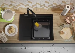 PRIMAGRAN Evier Cuisine en Granit Noir 62x50cm, Lavabo 1 bac + Kit de Vidage + Accessoires, Évier à Encastrer au meuble 50cm