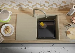 PRIMAGRAN Evier Cuisine en Granit Beige 78x50cm, Lavabo 1 bac + Kit de Vidage + Accessoires, Évier à Encastrer au meuble 50cm