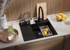 PRIMAGRAN Evier Cuisine en Granit Noir 62x53cm, Lavabo 1 bac + Kit de Vidage + Accessoires, Évier à Encastrer au meuble 45cm